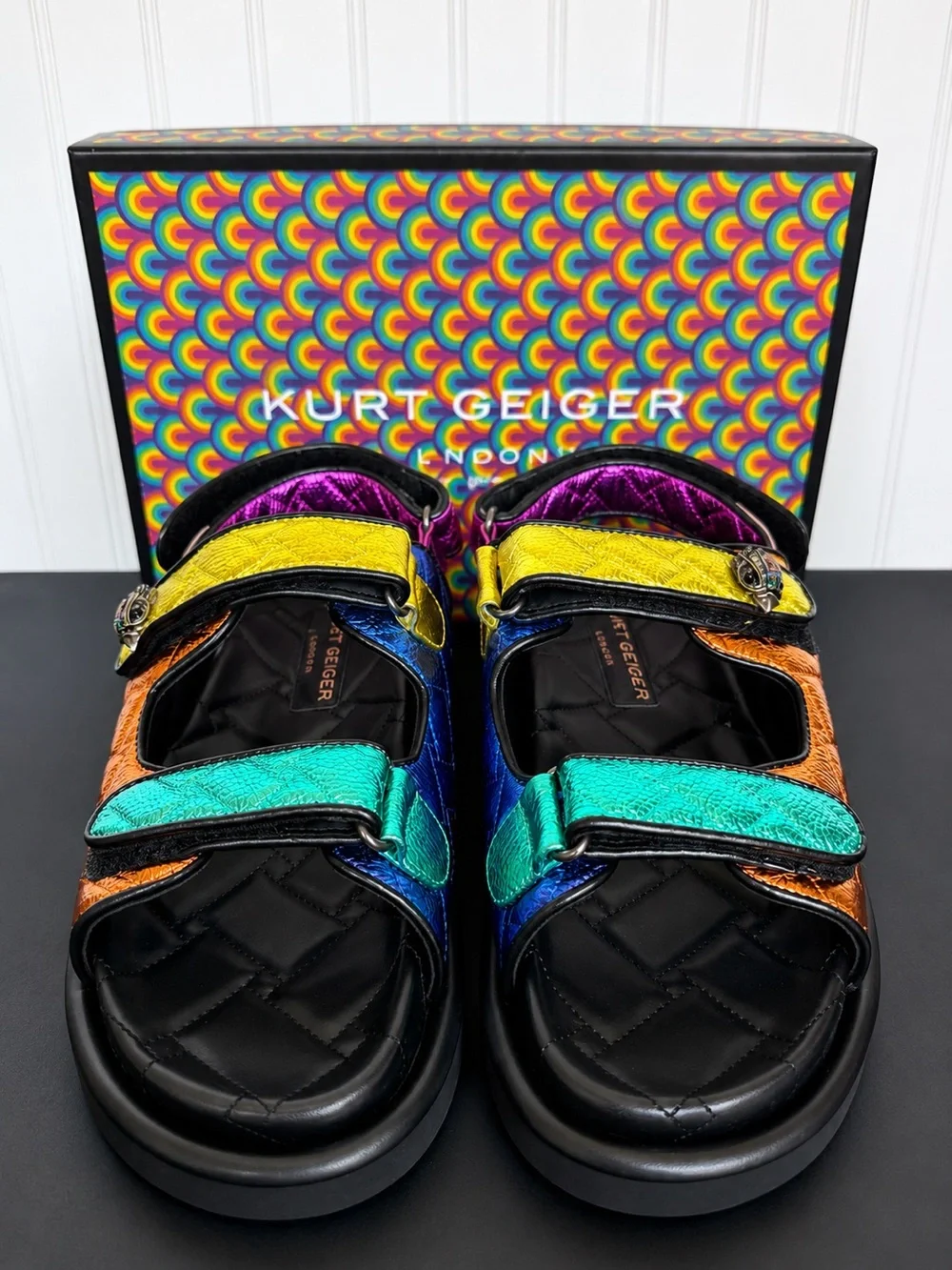 Kurt Geiger Orson Metallic Rainbow Leather Sandals Size 10 EU 41 NIB women’s